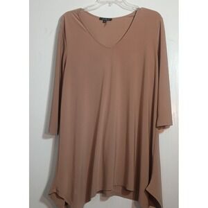 Alisha D Sz Medium Women's Brown V Neck Tunic Top Slinky asymmetric Lagenlook